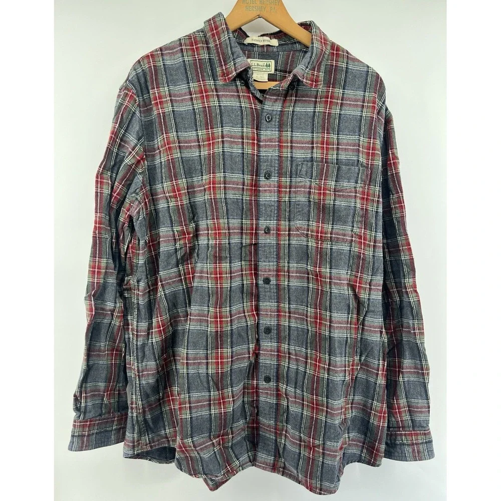 LL Bean Scotch Plaid Flannel Shirt XL Reg Slightly Fitted Red Gray Plaid 298167
